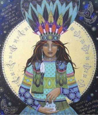 Illustration d'une shamane qui réalise une Cérémonie de Cacao Sacré
